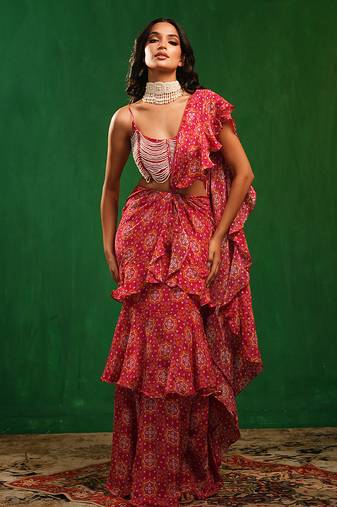 Fuchsia pink printed heavy crepe pre drape saree set