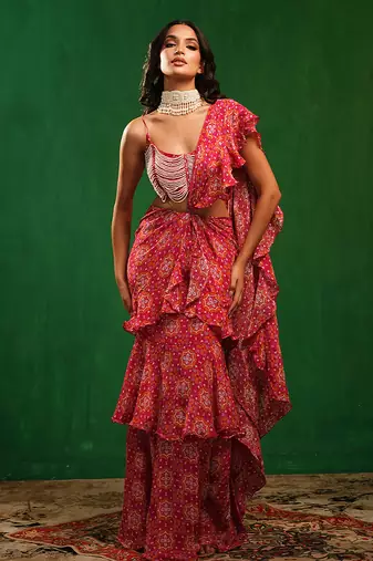 Fuchsia pink printed heavy crepe pre drape saree set