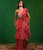 Fuchsia pink printed heavy crepe pre drape saree set
