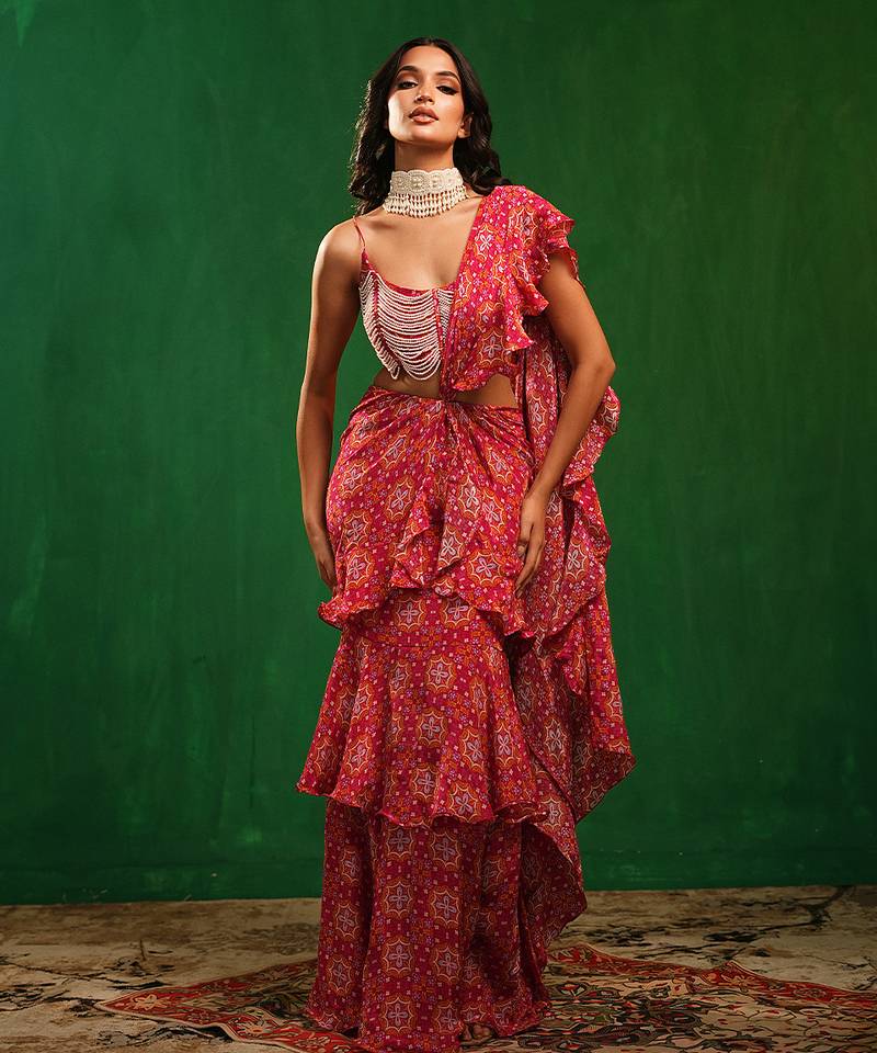 Fuchsia pink printed heavy crepe pre drape saree set