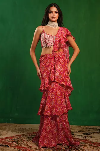 Fuchsia pink printed heavy crepe pre drape saree set