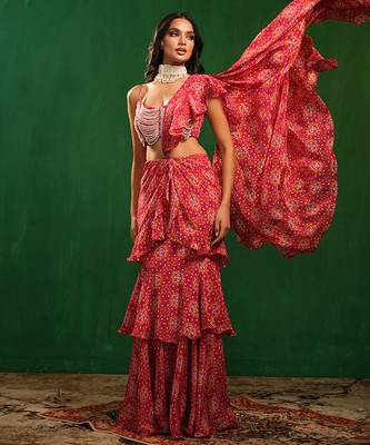 Fuchsia pink printed heavy crepe pre drape saree set 3