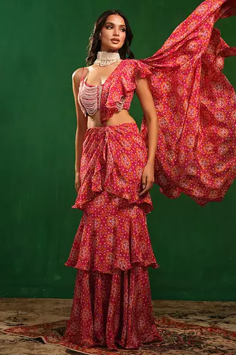 Fuchsia pink printed heavy crepe pre drape saree set