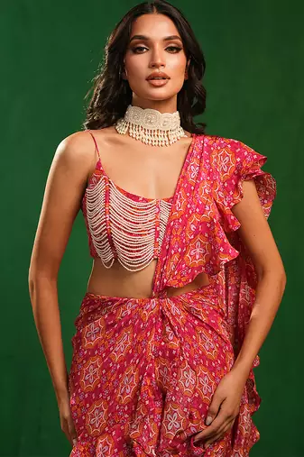 Fuchsia pink printed heavy crepe pre drape saree set
