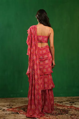 Fuchsia pink printed heavy crepe pre drape saree set
