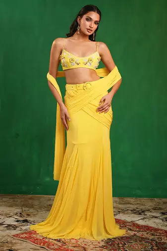 Sunshine yellow embroidered luxury crepe pre drape saree set