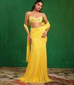 Sunshine yellow embroidered luxury crepe pre drape saree set