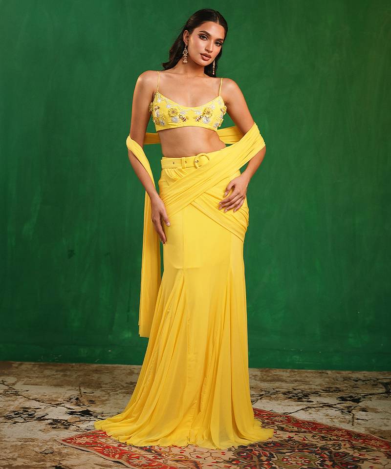 Sunshine yellow embroidered luxury crepe pre drape saree set