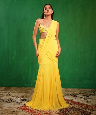 Sunshine yellow embroidered luxury crepe pre drape saree set 2