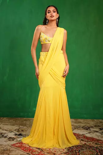 Sunshine yellow embroidered luxury crepe pre drape saree set