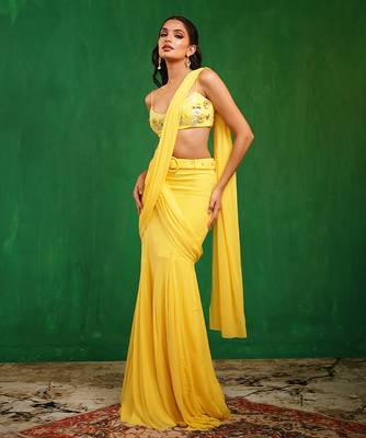 Sunshine yellow embroidered luxury crepe pre drape saree set 3