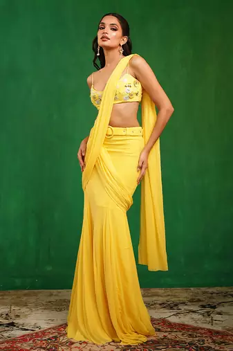 Sunshine yellow embroidered luxury crepe pre drape saree set