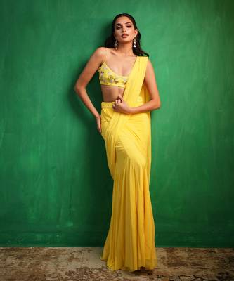 Sunshine yellow embroidered luxury crepe pre drape saree set 4