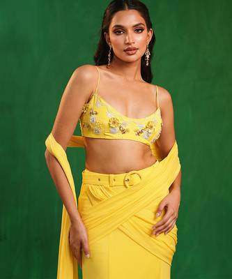 Sunshine yellow embroidered luxury crepe pre drape saree set 5
