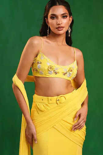 Sunshine yellow embroidered luxury crepe pre drape saree set