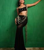 Black mirror embroidered luxury crepe indo western saree set