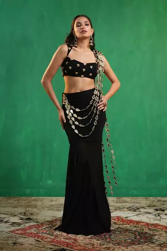 Black mirror embroidered luxury crepe indo western saree set