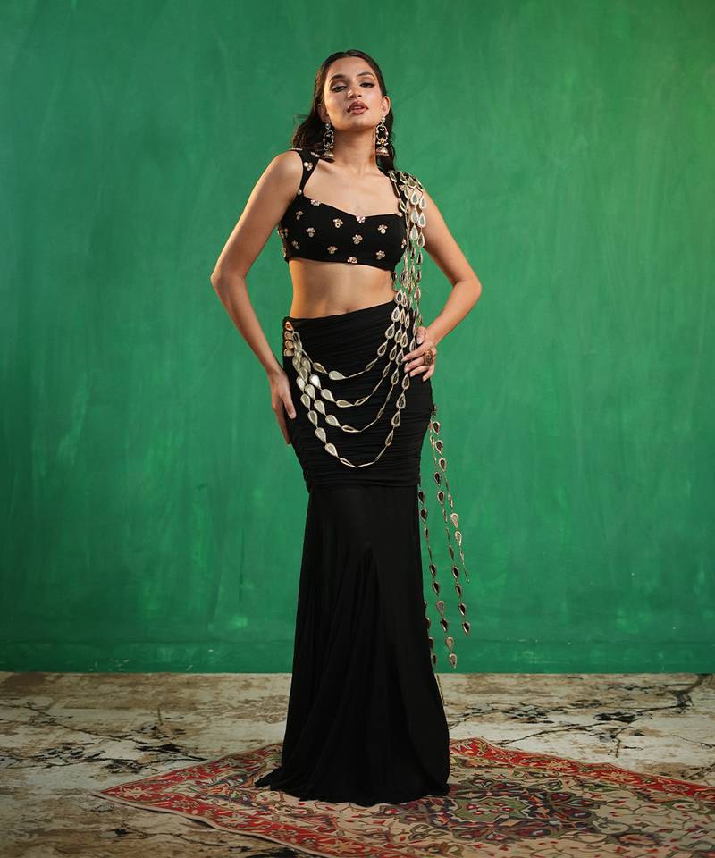 Black mirror embroidered luxury crepe indo western saree set