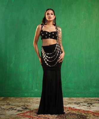 Black mirror embroidered luxury crepe indo western saree set 3