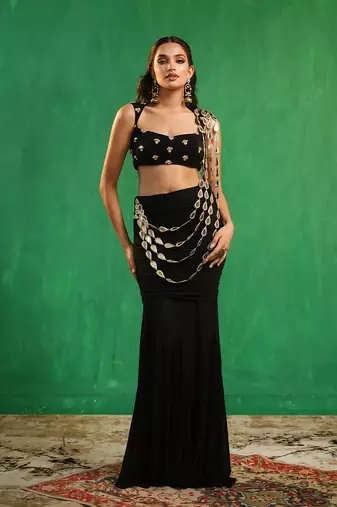 Black mirror embroidered luxury crepe indo western saree set