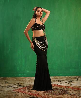 Black mirror embroidered luxury crepe indo western saree set 4