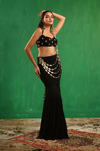 Black mirror embroidered luxury crepe indo western saree set