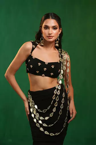 Black mirror embroidered luxury crepe indo western saree set