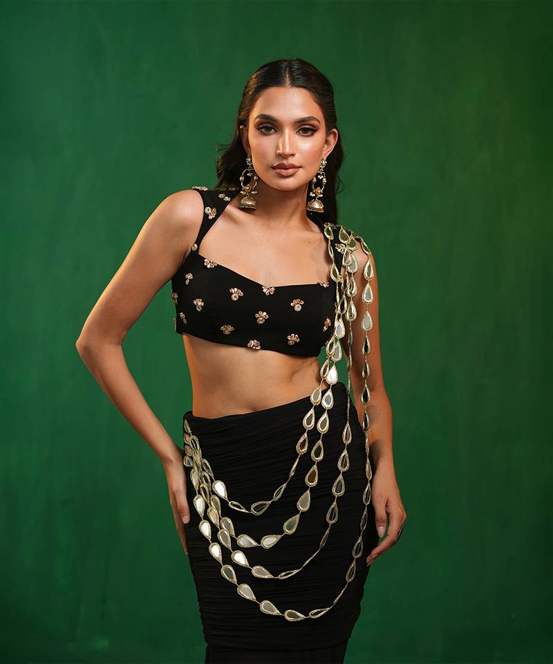 Black mirror embroidered luxury crepe indo western saree set
