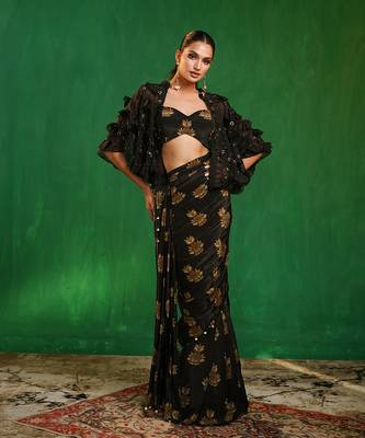 Black printed heavy crepe drape saree and organza poncho set 1