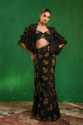 Black printed heavy crepe drape saree and organza poncho set