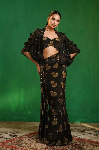 Black printed heavy crepe drape saree and organza poncho set