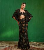 Black printed heavy crepe drape saree and organza poncho set