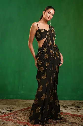 Black printed heavy crepe drape saree and organza poncho set