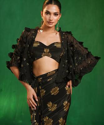 Black printed heavy crepe drape saree and organza poncho set 3