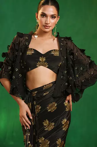 Black printed heavy crepe drape saree and organza poncho set