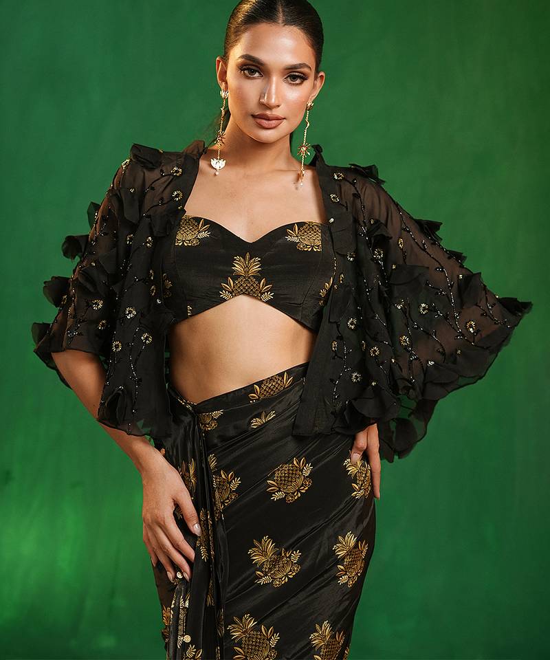 Black printed heavy crepe drape saree and organza poncho set