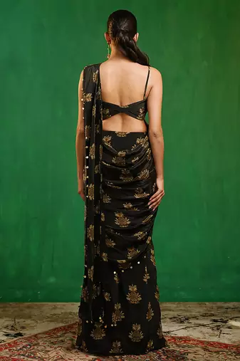 Black printed heavy crepe drape saree and organza poncho set