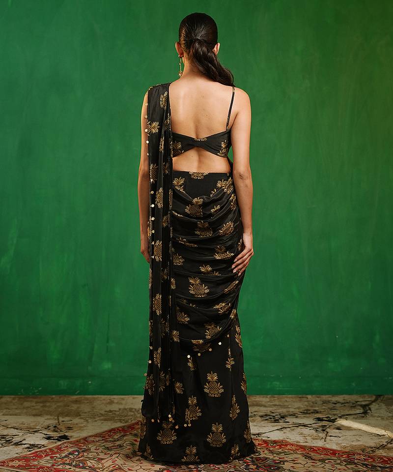 Black printed heavy crepe drape saree and organza poncho set