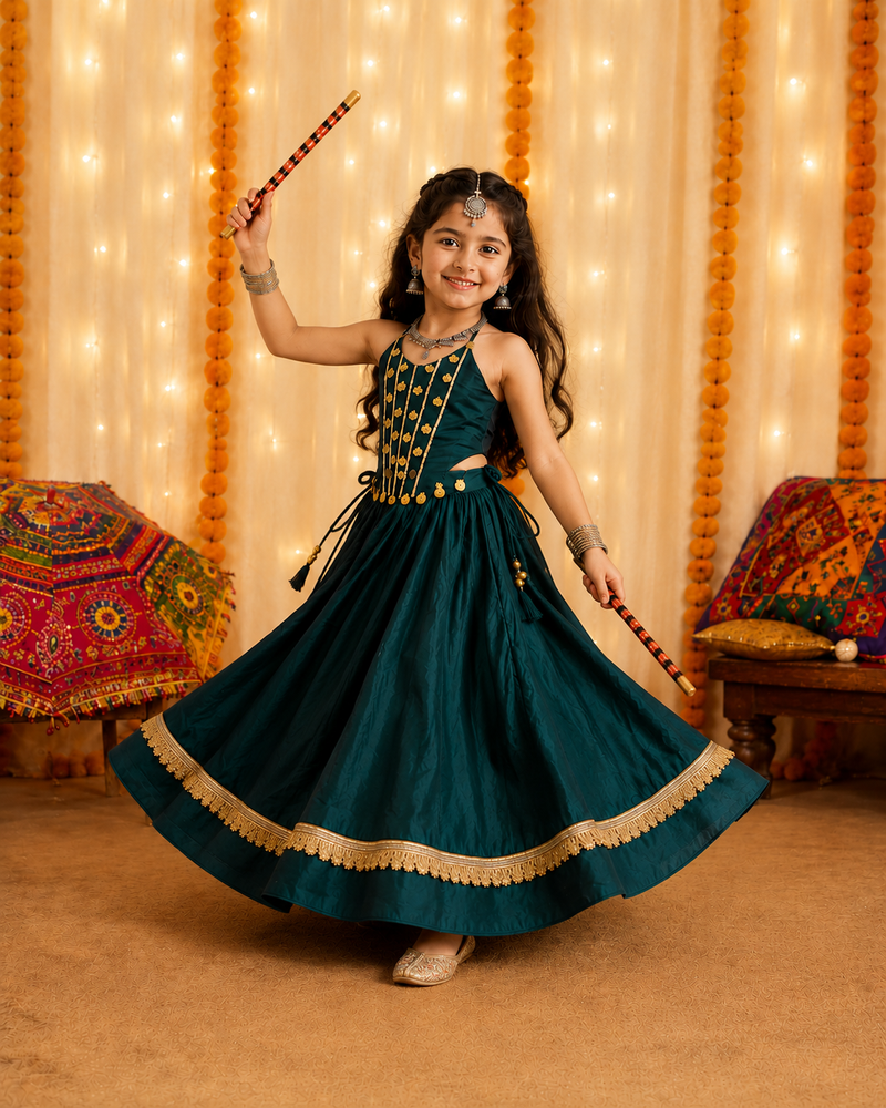 Premium roman silk fully flared navratri chaniya coli for kid's