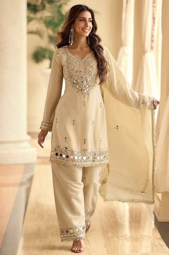Ceam silk blend mirror embroidered work kurti plazzo set with dupatta