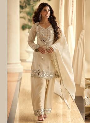 Ceam silk blend mirror embroidered work kurti plazzo set with dupatta 3