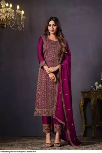 Ranipink heavy rangoli with coading sequence work unstitched suit