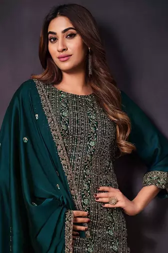 Teal heavy rangoli with coading sequence work unstitched suit