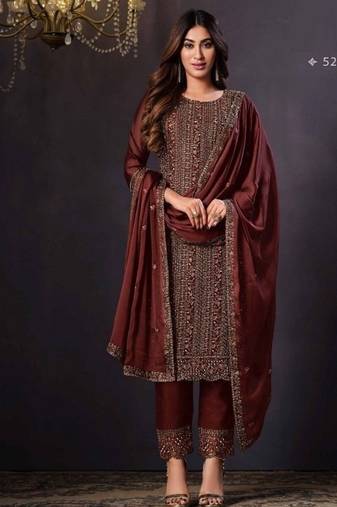Maroon heavy rangoli with coading sequence work unstitched suit