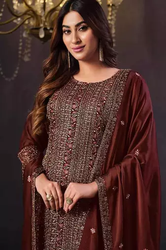 Maroon heavy rangoli with coading sequence work unstitched suit