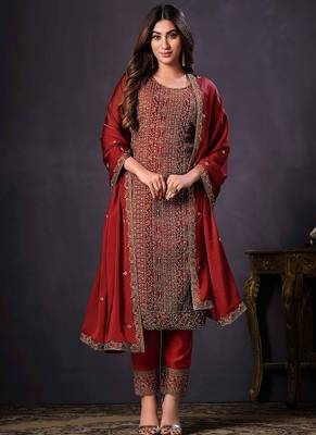 Red heavy rangoli with coading sequence work unstitched suit 1