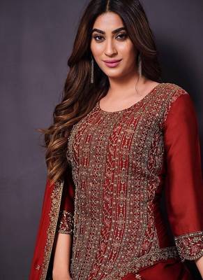Red heavy rangoli with coading sequence work unstitched suit 2