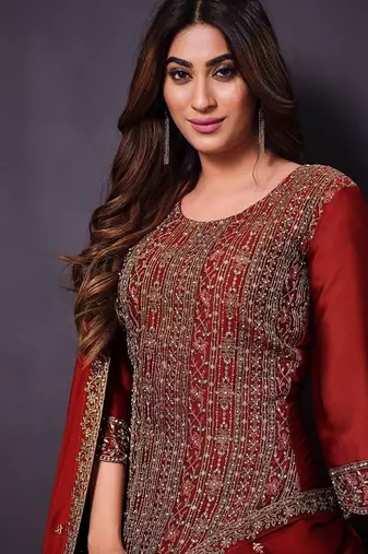 Red heavy rangoli with coading sequence work unstitched suit
