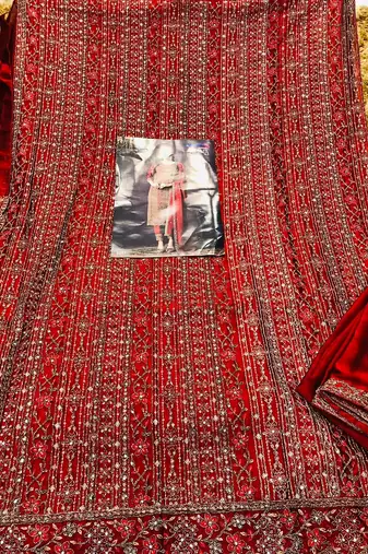 Red heavy rangoli with coading sequence work unstitched suit
