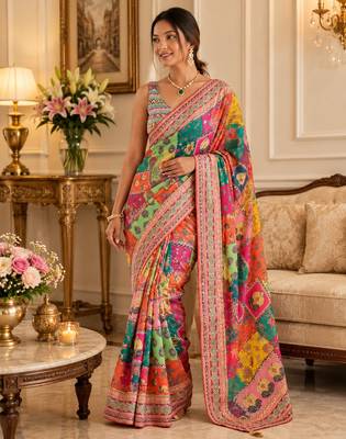 Silk Blend Saree With Print And Real Mirror Work 1